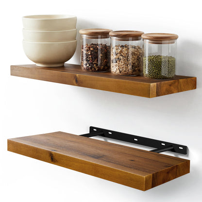 BATODA Set of 2 17" Acacia Wood Floating Shelves Wall Mounted – Rustic Farmhouse Wooden Wall Storage Shelf for Bedroom, Kitchen, Home Décor - Brackets and Shelving Mounting Hardware Included