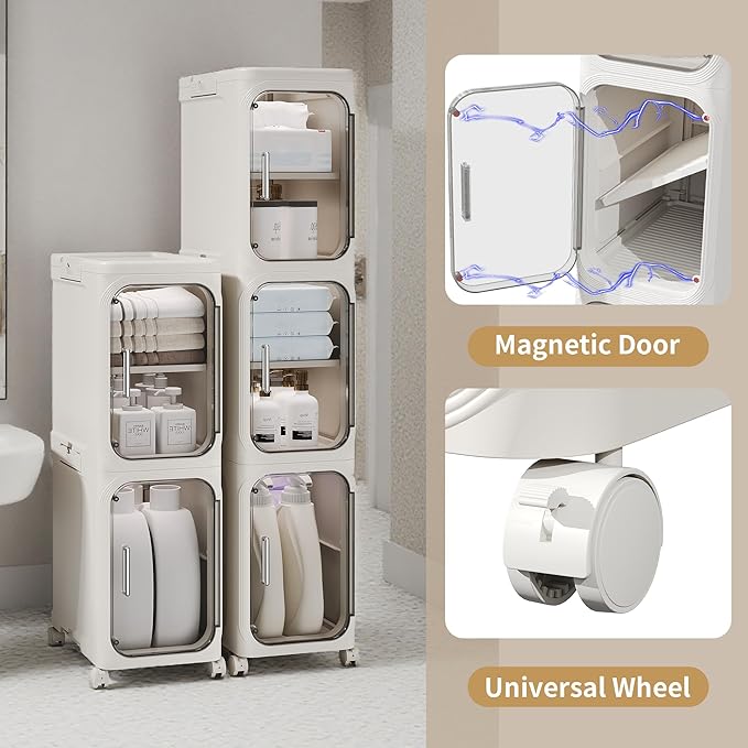 3-Tier Slim Bathroom Narrow Storage Cabinet with Wheels, White | Tool Free Assembly, Adjustable shelves, Lockable Wheels, Magnetic Clear Door, Fits for Narrow Spaces