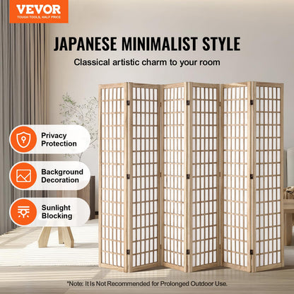 VEVOR Room Divider, 6 Panel Japanese Room Divider, Wood Folding Privacy Screen Indoor, Partition Dividers Portable Decoration Screens, for Room Separation Home Office Restaurant & Bedroom(Natural)