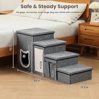 Pet Steps for Small Dogs, 4-Step Non-Slip Pet Stairs for Cats, Dog Stairs with Storage,Cat Stairs for Bed with Condo Cat Scratcher, Arthritis-Friendly, Grey