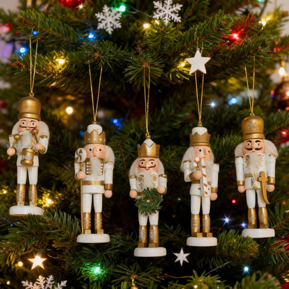 10 Pcs Mini Christmas Nutcracker Ornaments Set Classic Small Wooden Bulk Nut Cracker Figure Decor Wood Miniature Toy Soldier Christmas Tree Topper Decorations, White Silver Glitter Gold, 5 Inch