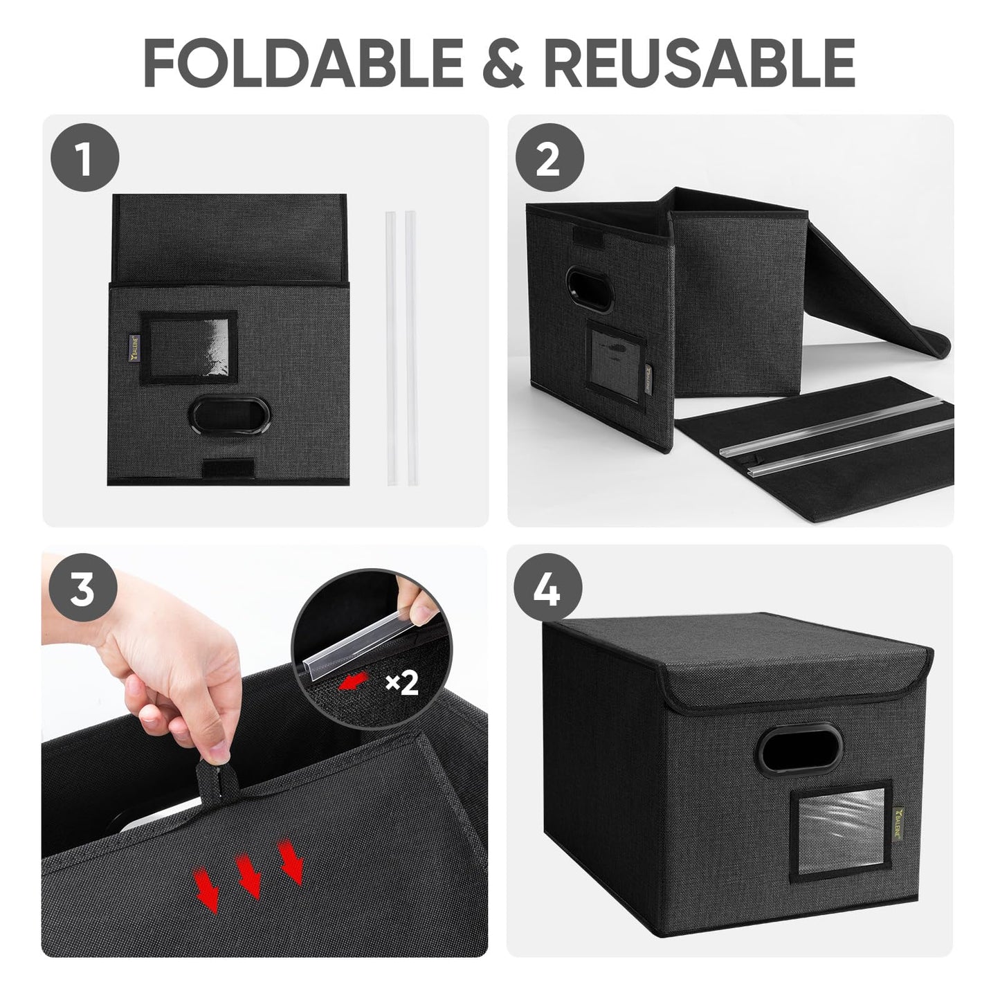BALEINE File Organizer Box with Lid, Collapsible File Folder Organizer with Plastic Slide, Hanging File Folder Box for Office Document Storage (2 Pack, Black)