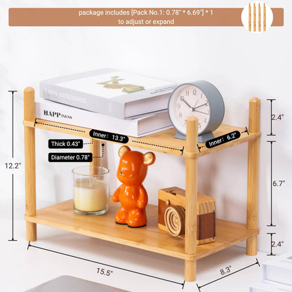 WooFawn 2-Tier Expandable Bamboo Desktop Organizer Shelf Kitchen Cabinet and Counter Riser Display Shelf for Top of Desk Home Office Bathroom Coffee Table Display Stand,Natural