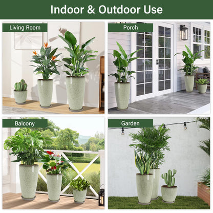 Neoaider 24/21/12 Inch Large Plastic Planter, Lightweight Ceramic-Look Tall Planters with Drain Hole & Saucers, Tall Plastic Planters for Porch, Garden, Patio, Balcony(Drip Glaze)