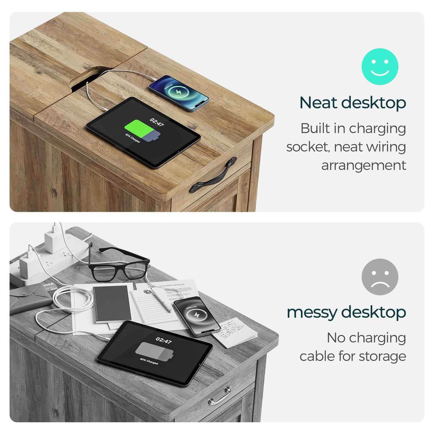 LINSY HOME End Table with Charging Station, Modern Farmhouse Wooden Side Table with Drawer, Detachable Holder, Extra Storage & Display Space, for Living Room and Bedroom, Wooden Door, Brown