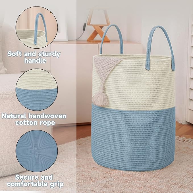 Large Woven Laundry Basket Hamper, 80L Cotton Rope Storage Bin