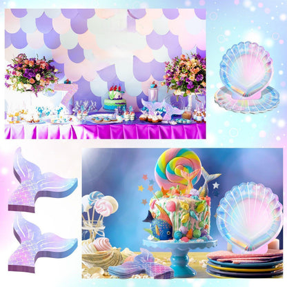 Qeeenar 100 Pcs Iridescent Mermaid Plates and Napkins Party Supplies Seashell Paper Plates Tail Napkins Under The Sea Ocean Party Decorations for Birthday Baby Shower
