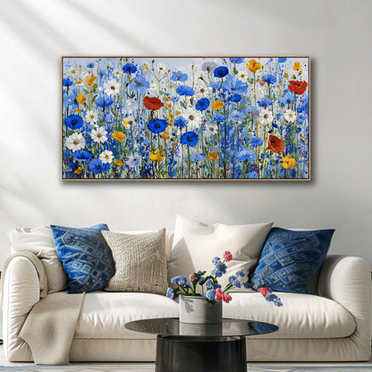 KZKU Blue Floral Wall Art Wildflower Canvas Print Frame Ready to Hang Vibrant Flowers Artwork Botanical for Living Room Bedroom Office Hallway & Bathroom Decor 20x40inch