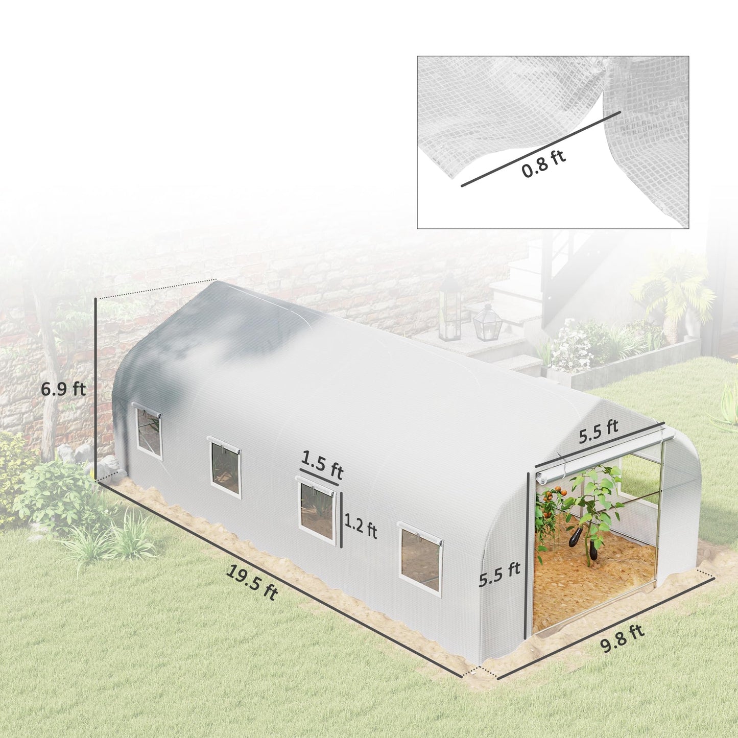Outsunny 20' x 10' x 7' Outdoor Walk-in Greenhouse, Tunnel Green House with Roll-up Windows, Zippered Door, PE Cover, Heavy Duty Steel Frame, White