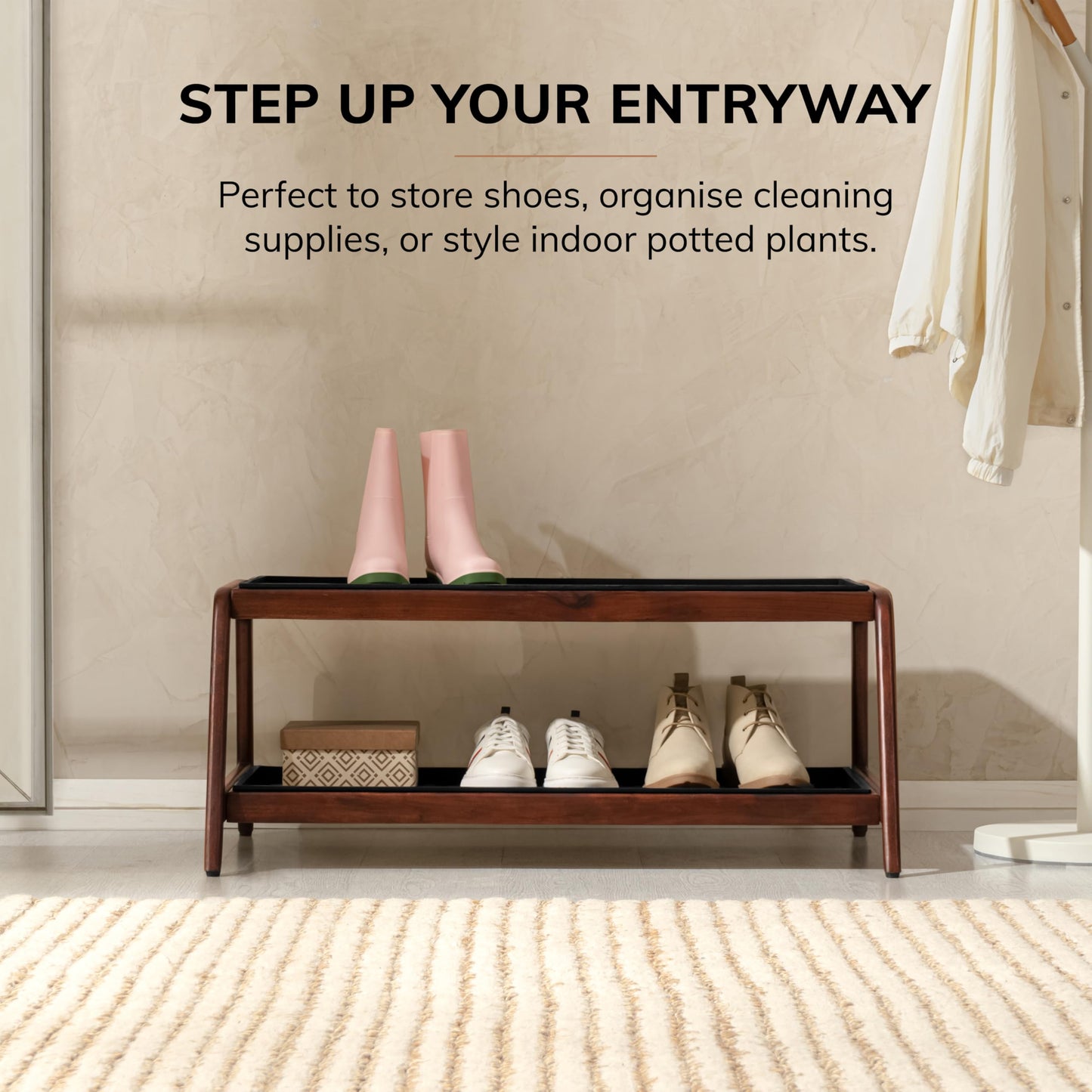 Anji Mountain Heavy Duty Waterproof Wooden Shoe Storage Mat Organizer/Boot Storage Tray Multi Use for Entryway with Coir, Tan and Ivory Insert, 2 Tier, Fits 6 Pair (36.5" Wide)