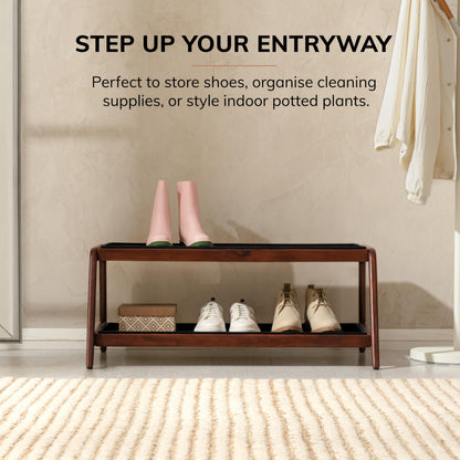 Anji Mountain Heavy Duty Waterproof Wooden Shoe Storage Mat Organizer/Boot Storage Tray Multi Use for Entryway with Coir, Tan and Ivory Insert, 2 Tier, Fits 6 Pair (36.5" Wide)