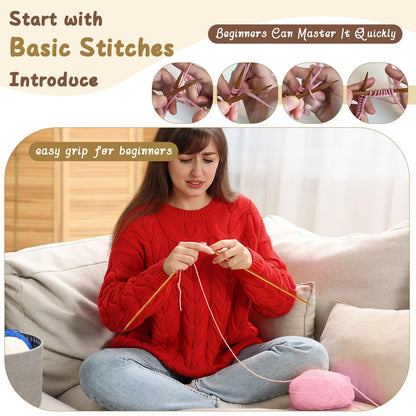 Maasechs Knitting Kit for Beginners Adults Complete Hat Knitting Kits Learn to Knit Kits with Yarn Bamboo Needle Pom Pom Step-by-Step Instruction Knit Accessories for Mother Women Men Gifts(Bright)