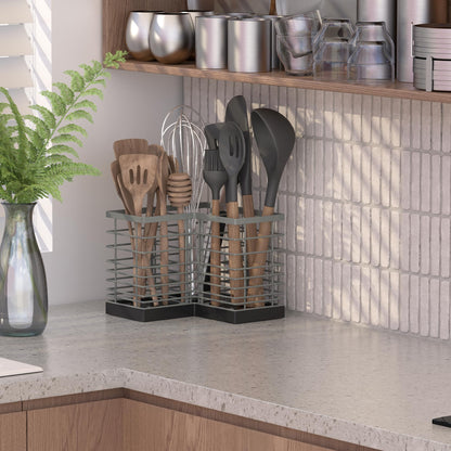 Suli Kitchen Utensil Holder with 3 Compartments, Grey Metal Corner Kitchen Caddy for Countertop, Farmhouse Rustic Cooking Storage-Grey