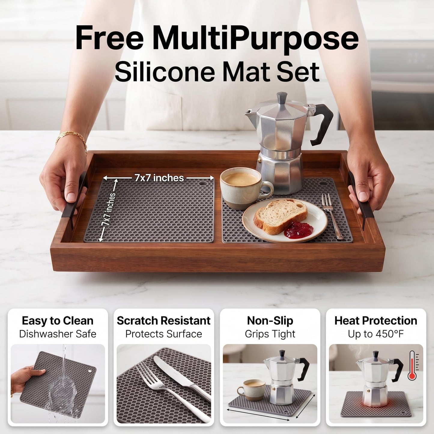 Acacia Wood Serving Tray with Handles, Large Wooden Ottoman & Coffee Table Tray 16.5"x12" with 2 Silicone Mats – Decorative Wooden Serving Tray for Breakfast in Bed, Kitchen, Bar & Home Décor