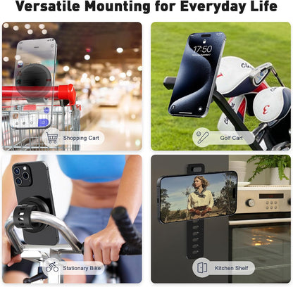 Stroller Phone Holder, Compatible with MagSafe, Magnetic Handlebar Mount, 17x N52 Strong Magnets, Fits Treadmills, Peloton, Shopping & Golf Carts, Adjustable Strap, iPhone 12–16 & Android