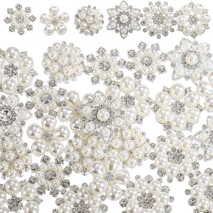 Frcctre 30 Pack Pearl Rhinestone Buttons, 6 Styles Embellishments Button Faux Pearl Button, Flat Back Flower Crystal Buttons for DIY Craft Jewelry Making Wedding Bridal Bouquet Party Home Decoration