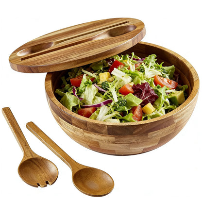 ECWAY Acacia Wooden Salad Bowl with Lid, Built-in Acacia Wood Utensils, 10.5" Large Wood Serving Bowls for Fruits, Salad, and Vegetables, Big Wood Salad Bowls Set 4-Piece, All-in-One Design
