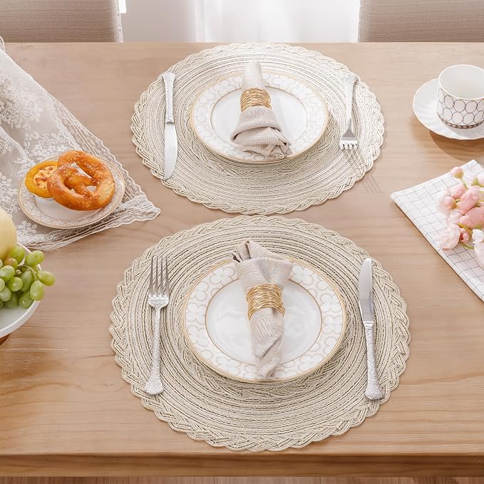 SHACOS Boho Round Placemats Set of 8 Braided Border Round Place Mats 15 inch Washable Dining Table Mats for Home Wedding Holiday Party (Ivory Bordered, 8)