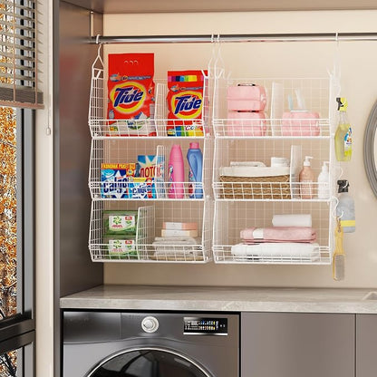 7 Tier Hanging Closet Organizer and Storage, Foldable Wire Closet Shelving with 4 Large Hooks+5 S Hooks,Hanging Basket for Clothes Sweaters Shoes Handbags,Wardrobe Kitchen Laundry Room-White