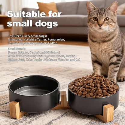 Kimdio Ceramic Dog Bowls with Wood Stand, 13.5OZ Pet Bowls Set of 2 for Medium Small Dogs and Cats - Non-Slip Base Cute Pet Food & Water Basic Bowls Glaze Matte-Black