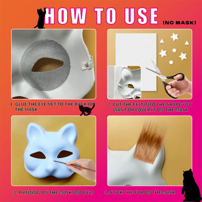 DIY Cat Mask Accessory with Fur & Eyes Mesh and Fuzzy Fabric,DIY Cat mask All-in-One to Paint, Blank White Mask for Halloween Masquerade Cosplay Party