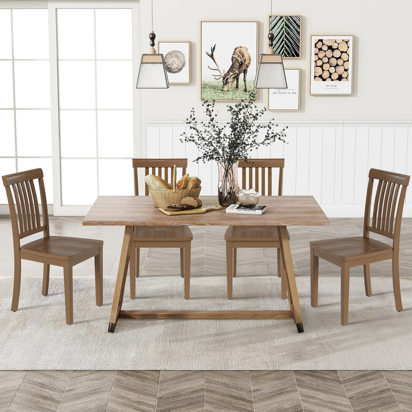 COLAMY Wooden Dining Chairs Set of 2, Solid Rubberwood Kitchen & Dining Room Chairs, Farmhouse Rustic Side Chairs for Dining Table, Anti-Slip Protection, Classic Windsor Style Seating, Oak Light Brown