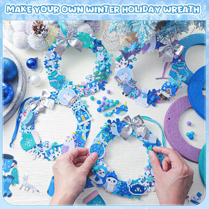 Moucuny 620/600 Pcs Winter Wreath Craft Kits DIY Snowman Christmas Wreath Crafts Kits Xmas Winter Home Decorations for Party Favors(Polar,Purple, Cyan, Light Blue, Dark Blue)