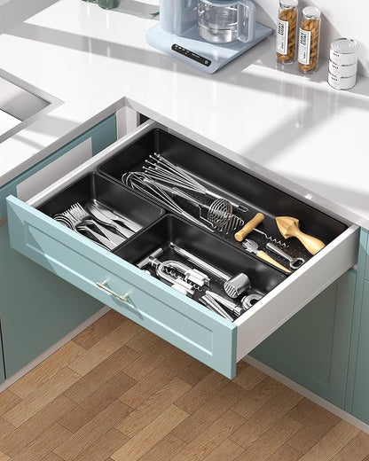10 Pack Large Size Plastic Drawer Organizers Set, 3 Sizes Desk Drawer Organizer Trays, Storage Bins for Vanity, Makeup, Bathroom, Kitchen Utensils and Office (Black)