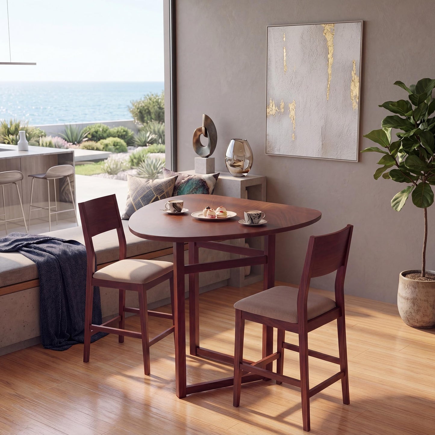 COSTWAY 31.5" Foldable Triangular Dining Table for 2-3, Small Kitchen Table with Walnut Wooden Top, Rubber Wood Legs, Space-Saving Compact Table for Small Apartments & Breakfast Nooks