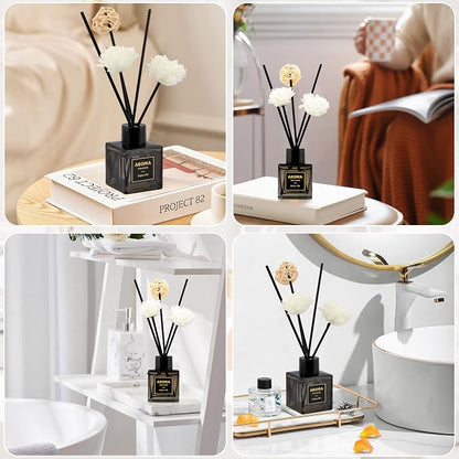 Black Glass Bottle Scent Diffuser, 1.7 oz Reed Diffuser with Sticks, Home Fragrance for Bookshelf, Bedroom Vanity, Office Desk & Bathroom Decor, Air Freshener for Aesthetic Room Decor (Freesia)