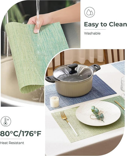 Leetaltree Gradient Green Woven Placemats Set of 8 - Heat Resistant Non-Slip Place mats for Dining Table, Washable Durable PVC Vinyl Woven Table Mats(Gradient Green, 8)