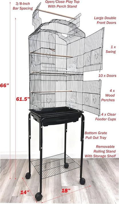 Portable Bird Cage for Quaker Indian Ring Neck Small Parrots Cockatiels Sun Parakeets Green Cheek Conures Finches Canary Budgies Lovebirds Parrotlets with Removable Rolling Stand
