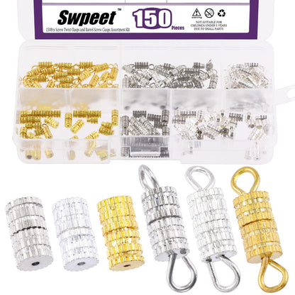 Swpeet 150Pcs 2 Styles Gold Silver White K Barrel Screw Twist Clasp Assortment Kit With and Without Ring for Necklace Bracelet DIY