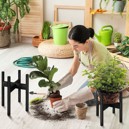 BESHOF 2 Pack Bamboo Plant Stands, Adjustable Plant Stand Indoor, Mid Century Modern Plant Stand, Plant Holder for Living Room, Balcony Fits 8 to 12 Inches Pots (Black)