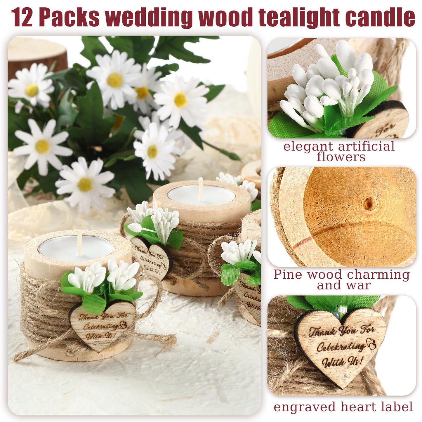 Lallisa 12 Pcs Set of Wooden Tealight Candle Holders, Wedding Favors for Guests, Rustic Wedding Shower Decorations, Thank You Gifts, Bridal Shower Favors, Tea Party Centerpieces, Light Brown