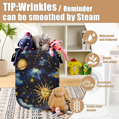 Sun Moon Laundry Basket, Foldable Cloudy Starry Night Laundry Hamper Tote Bag