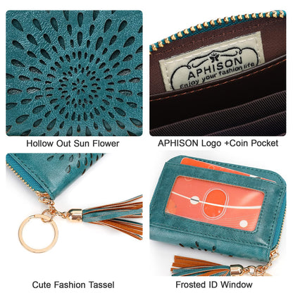 APHISON RFID Credit Card Holder Zipper Card Case Keychain Small Wallet for Women 1927 PEACOCK-BLUE