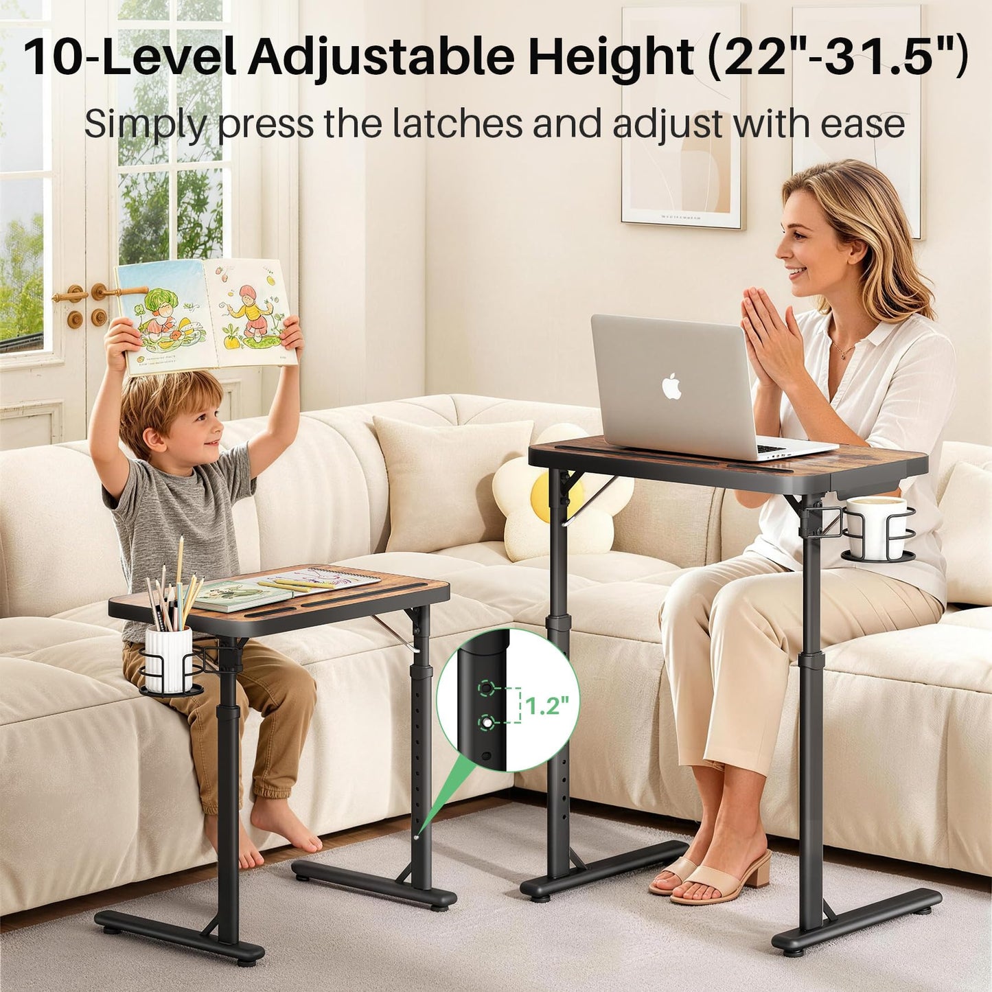Kitstorack Adjustable TV Tray Table, Large Folding TV Food Tray with Tilting Tabletop, Rotatable Cup Holder, Device Slot & Anti-Slip Stopper, TV Dinner Tray Table for Couch, Bed, Work & Eating