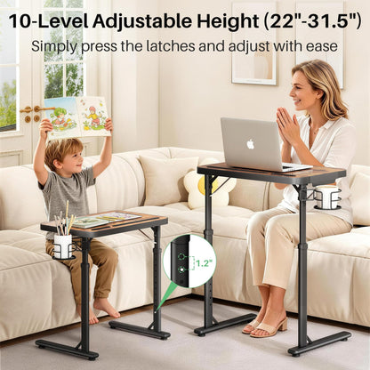Kitstorack Adjustable TV Tray Table, Large Folding TV Food Tray with Tilting Tabletop, Rotatable Cup Holder, Device Slot & Anti-Slip Stopper, TV Dinner Tray Table for Couch, Bed, Work & Eating