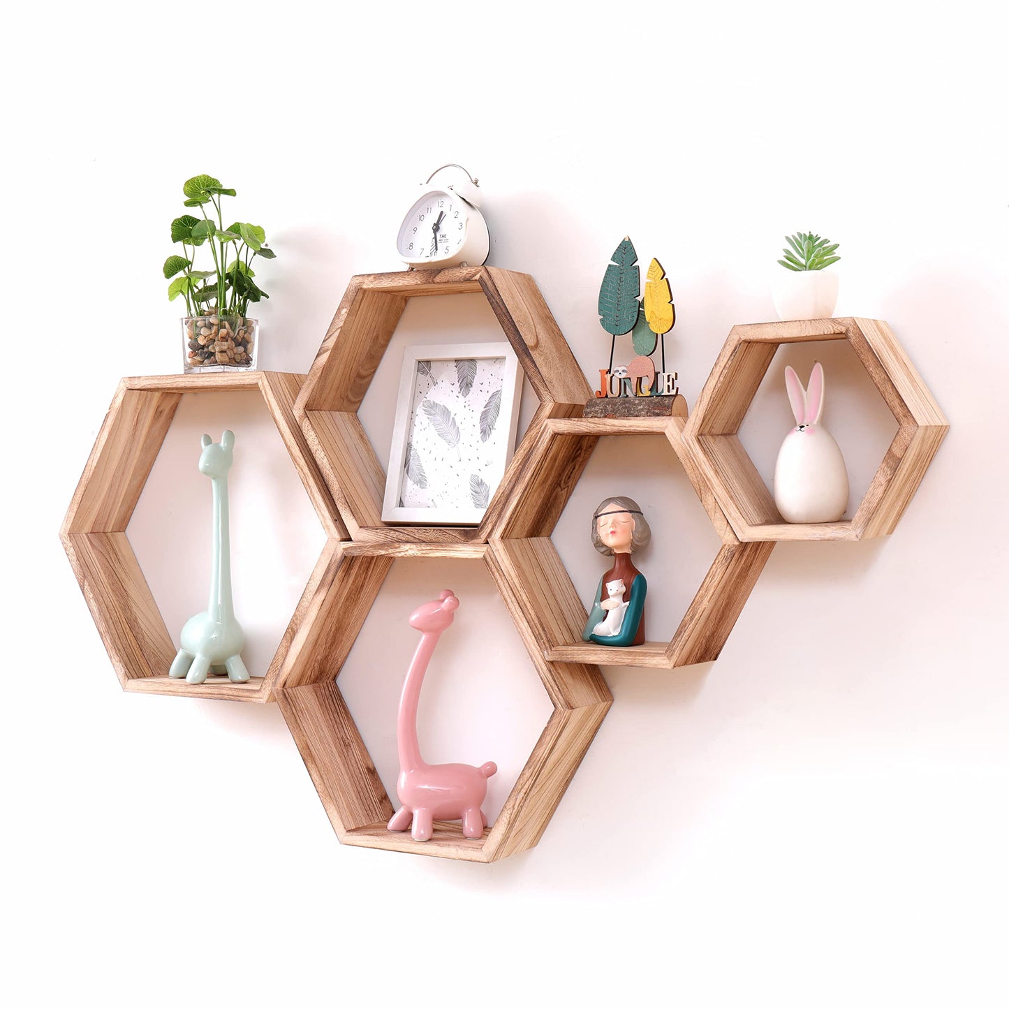 WONFUlity Hexagon Floating Shelves Honeycomb Shelves Wall Mounted Wood Farmhouse Storage Wall Shelf for Bathroom, Kitchen, Bedroom, Living Room,Driftwood Finish Decor,Light Brwon