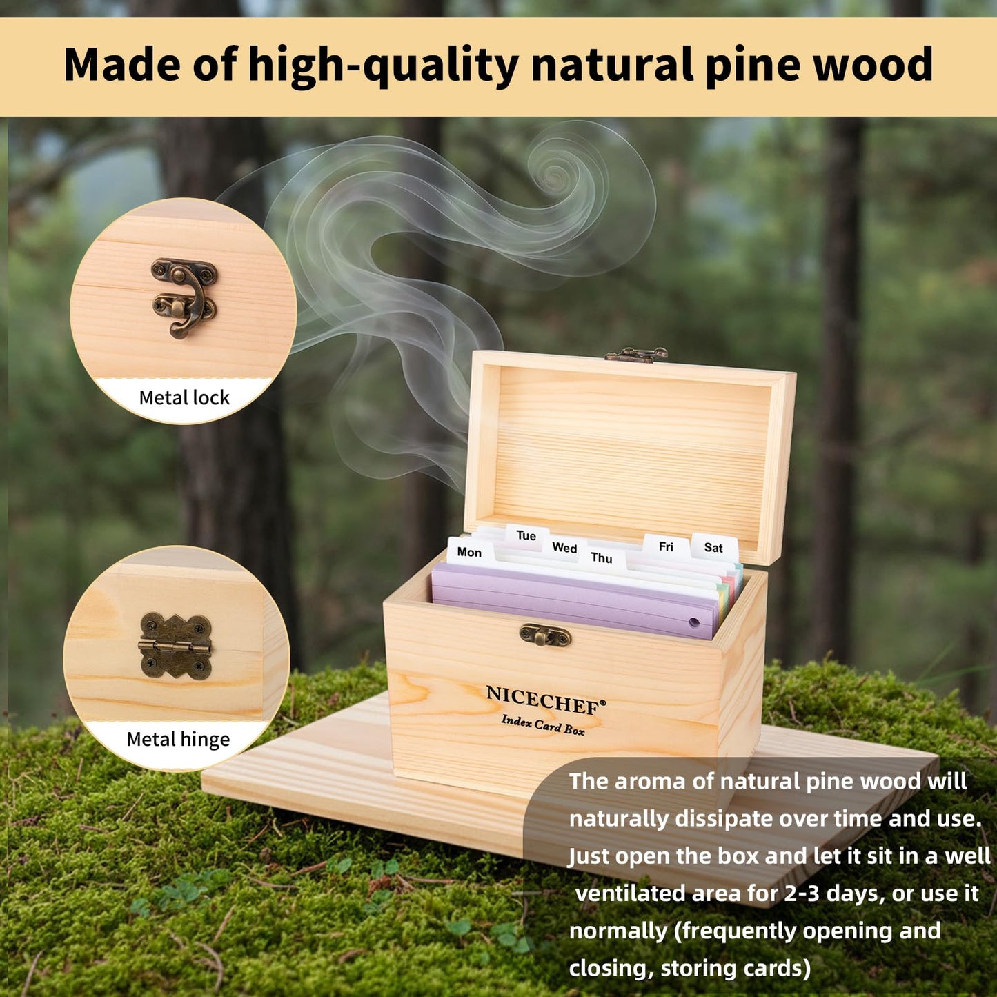 NICECHEF Index Card Holder 4x6, Wooden Recipe Box with 300 PCS Flash Cards Card Organizer,12 White Dividers, 6 Metal Rings, 2 Sticker, for Office, Business, Flashcard Notecard Holders for Home Office