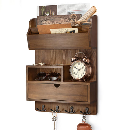 Rebee Vision Pine Wood Key Holder Wall Mount with Drawer Organizer – Farmhouse Key Holder for Wall with Mail Organizer & 4 Hooks – Perfect for Retro Home Decor(Brown)