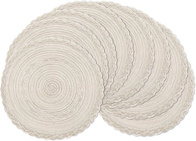 SHACOS Boho Round Placemats Set of 8 Braided Border Round Place Mats 15 inch Washable Dining Table Mats for Home Wedding Holiday Party (Ivory Bordered, 8)