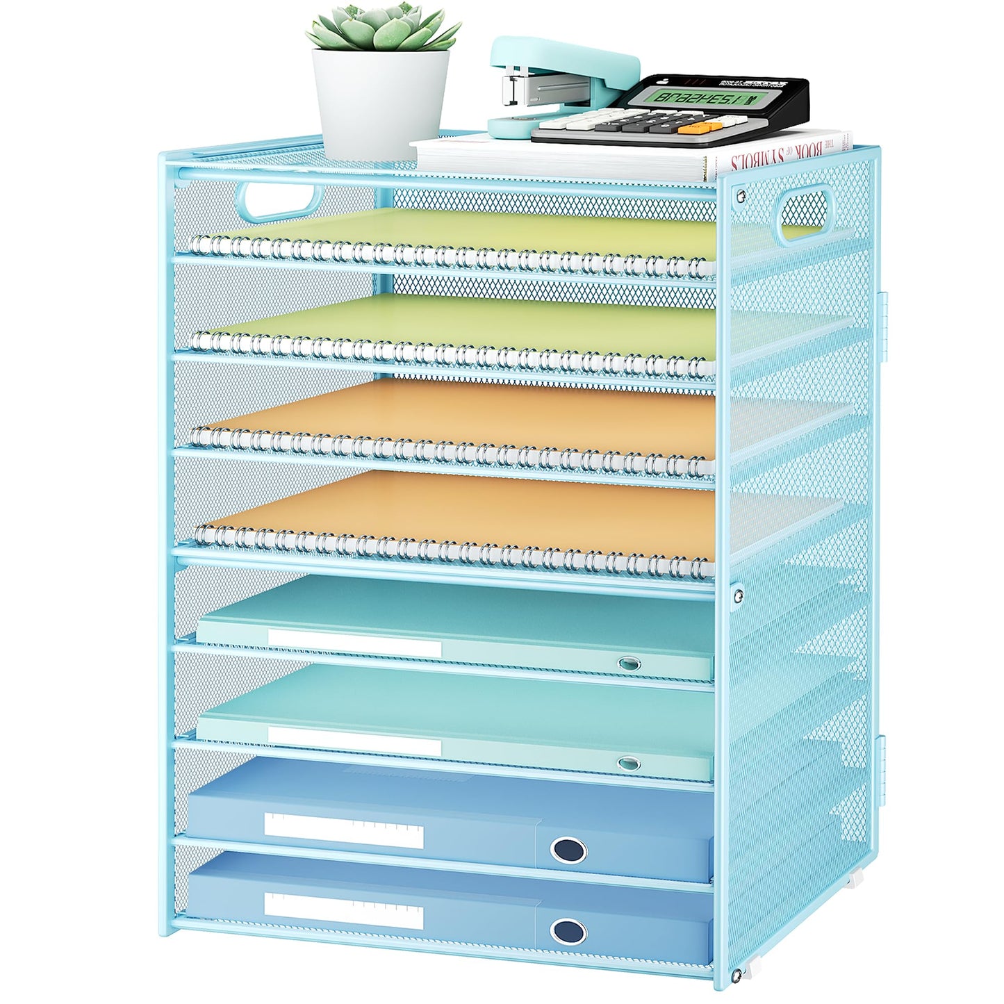 Subekyu 9 Tier Paper Letter File Tray Organizer for Desk, Large Mesh Desk Folder Sorter Organizer with Handle, Include 6 Pcs Adjustable Height Slid Tray for Office Home School Supplies Storage, Blue