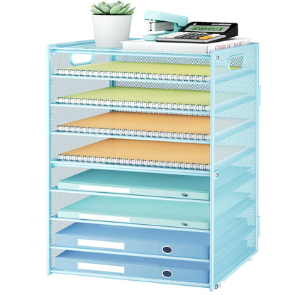 Subekyu 9 Tier Paper Letter File Tray Organizer for Desk, Large Mesh Desk Folder Sorter Organizer with Handle, Include 6 Pcs Adjustable Height Slid Tray for Office Home School Supplies Storage, Blue