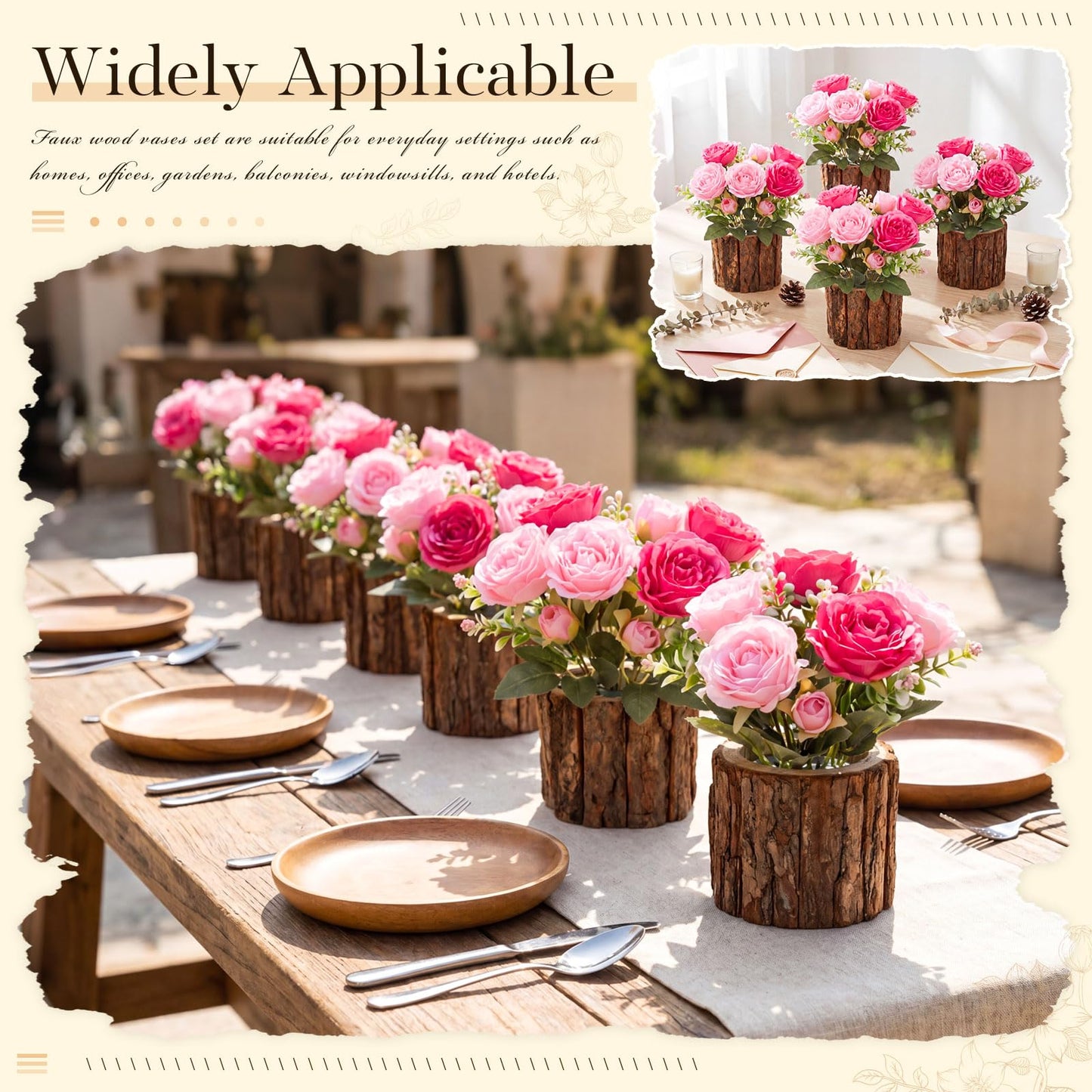 Domensi 6 Sets Wedding Floral Centerpiece for Table Decor Artificial Peonies Silk Flowers Bouquet with Flower Foam and Wooden Vase Faux Floral Arrangement for Bridal Shower Woodland Party(Rose,Pink)