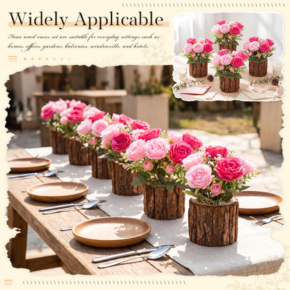 Domensi 6 Sets Wedding Floral Centerpiece for Table Decor Artificial Peonies Silk Flowers Bouquet with Flower Foam and Wooden Vase Faux Floral Arrangement for Bridal Shower Woodland Party(Rose,Pink)