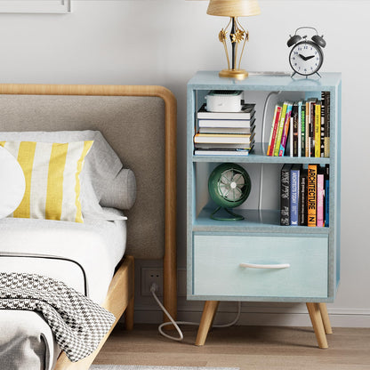 Aenuert Night Stand with Charging Station, Blue Nightstand with Drawer, 3-Tier Wooden Bedside Table with USB Ports and Outlets, End Table for Small Space, Living Room, Bedroom
