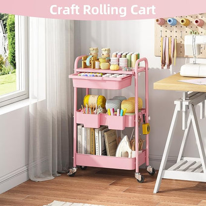 3 Tier Metal Rolling Utility Cart with Drawer & Lockable Wheels - Heavy Duty Multifunctional Storage Organizer with 2 Cups and 4 Hooks for Bathroom, Kitchen, Snack, Craft, Makeup, Baby Essentials
