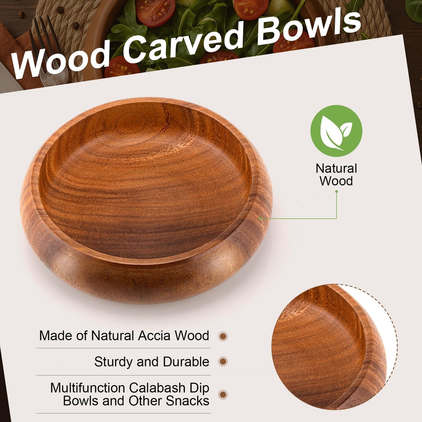Honeydak 6 Pcs 7.87 Inches Acacia Wooden Bowls Calabash Salad Bowls Round Wood Hand Carved Dip Tray for Serving Popcorn Pasta Dessert Coconut Nuts Sauce Appetizers